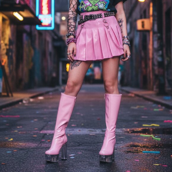 Dolls Kill Shoes - DOLLS KILL Sugar Thrillz pink patent leather Lucite heel boots